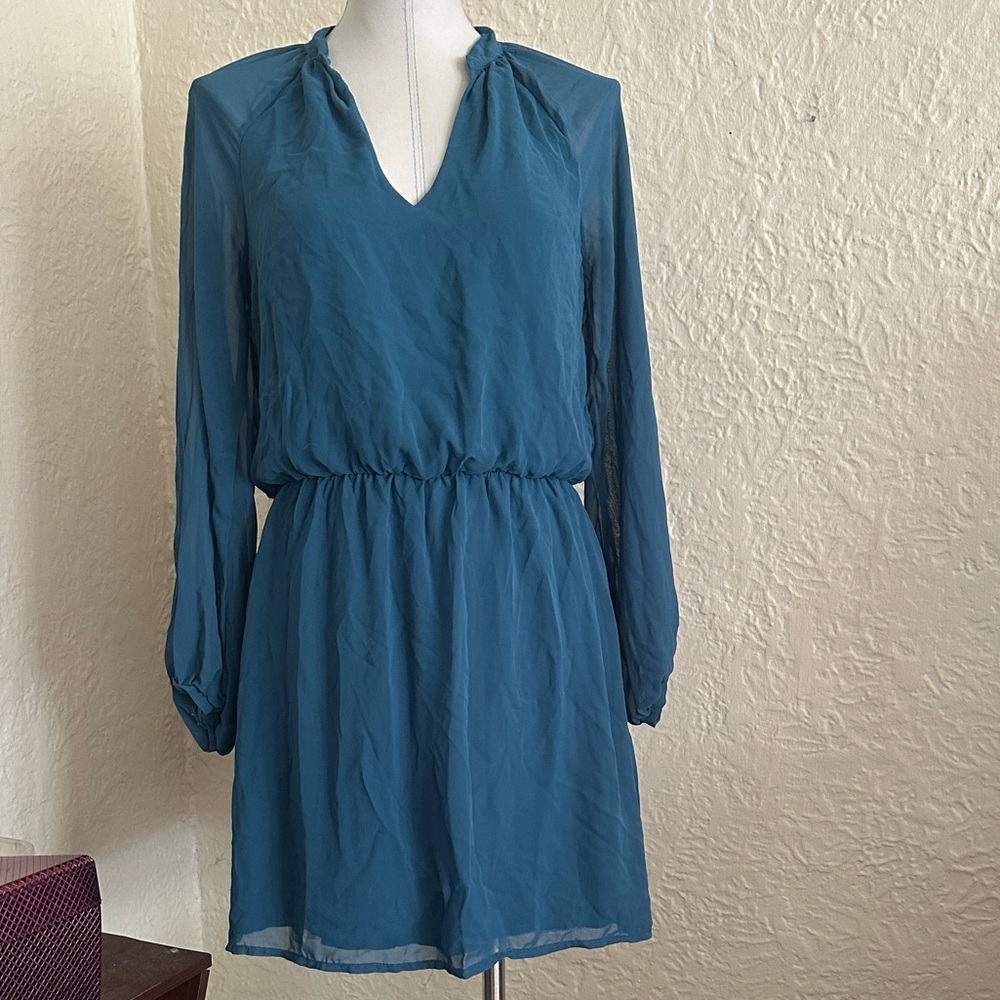 Honey Punch Teal Blue Chiffon Long Sleeve Dress Large